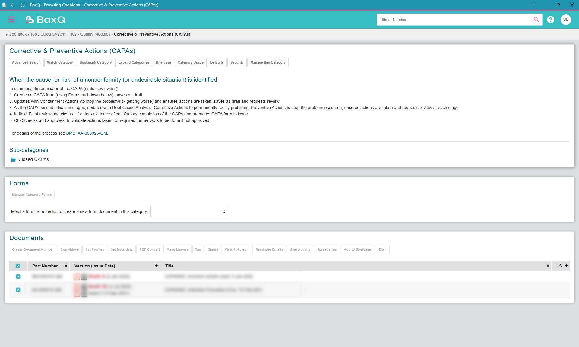 BaxMed BaxQ platform screenshot showing documents