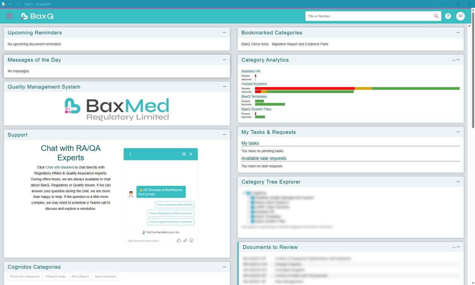 BaxMed BaxQ platform screenshot showing main dashboard welcome