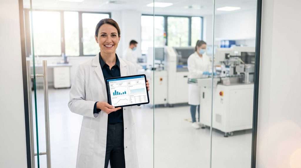 Holding a tablet showing the "Documents to Review" and "Training Analytics" sections of BaxQ