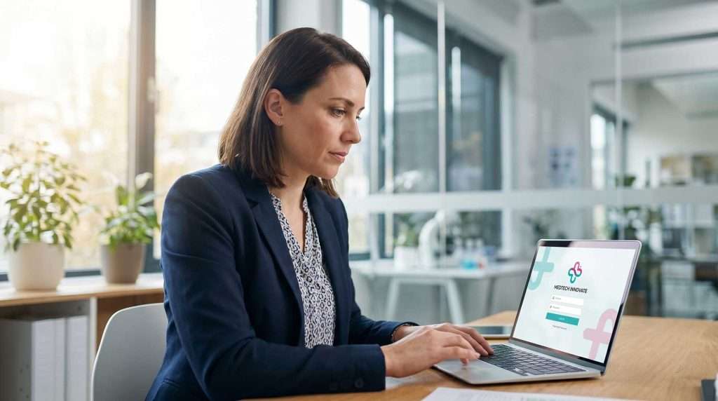 The founder is looking at a high-resolution laptop screen displaying the BaxQ Login Page